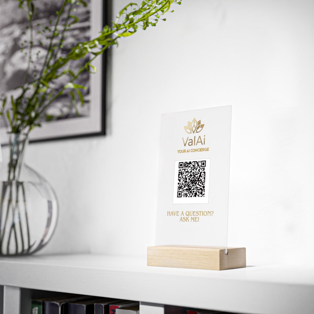 Example of a printed ValAi acrylic QR sign with wooden stand